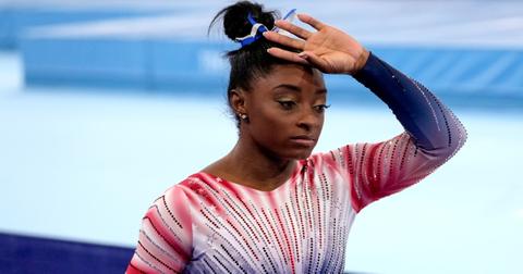 Simone Biles gets ready to compete in the Women's Gymnastics Balance Beam Final at the Tokyo 2020 Olympics on August 3, 2021.
