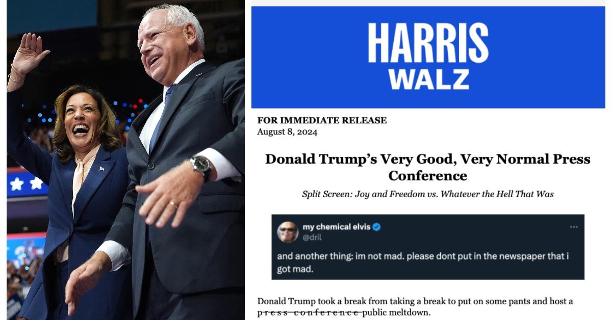 (L-R): Kamala Harris and Tim Walz; Harrs/Walz press release with dril meme