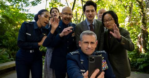 Space Force. (L to R) Tawny Newsome as Angela Ali, Diana Silvers as Erin Naird, Don Lake as Brad Gregory, Steve Carell as Genera