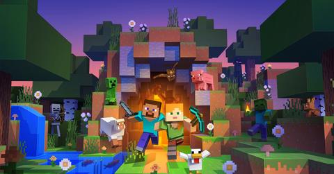 'Minecraft' promo art showing avatars, animals, and creatures from the game.