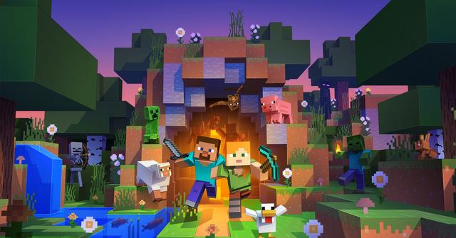 'Minecraft' promo art showing avatars, animals, and creatures from the game.