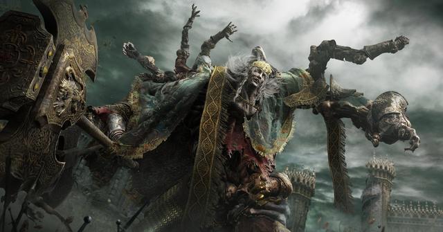 'Elden Ring' Godrick carrying his massive golden hammer into battle.