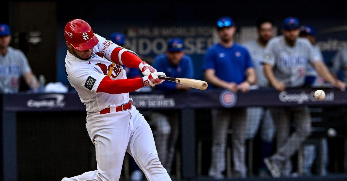 A St. Louis Cardinals player swinging his bat in 2023.