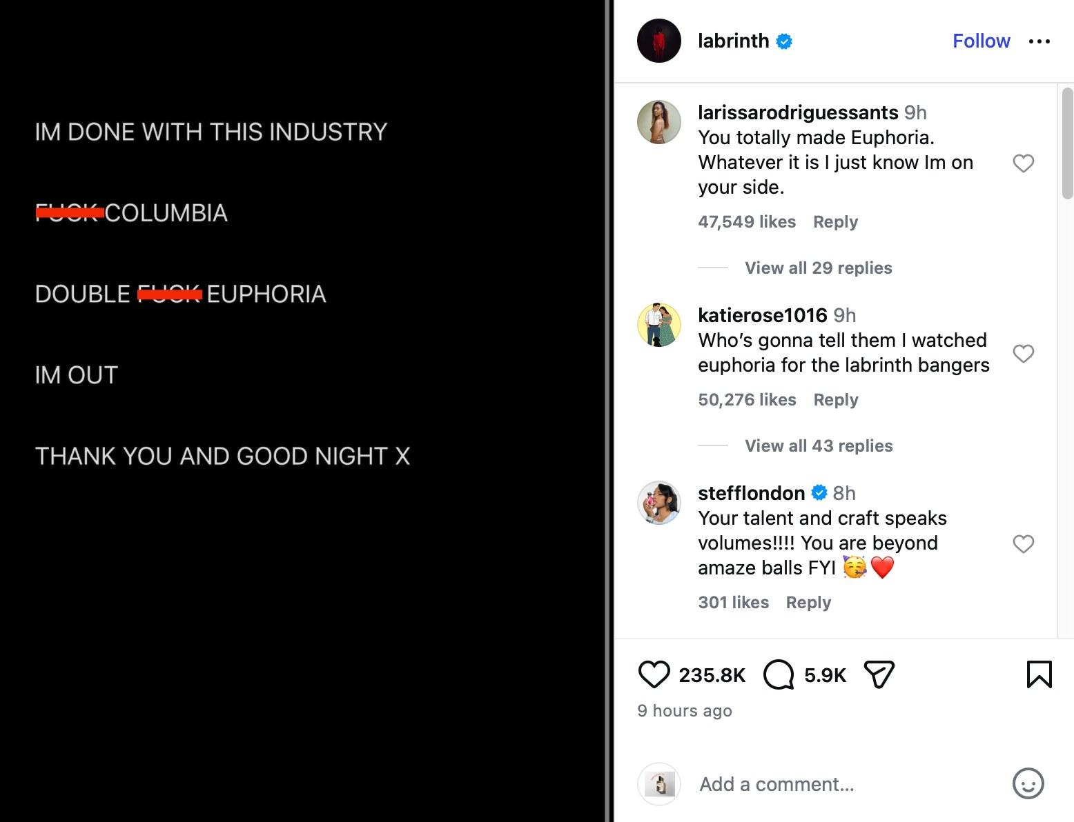 Labrinth calls out 'Euphoria' and Columbia Records in Instagram post.