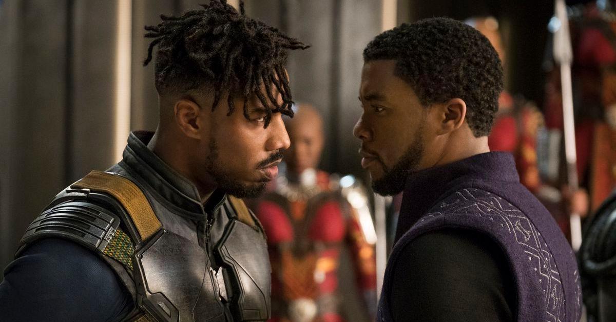 Michael B. Jordan as Killmonger and Chadwick Boseman as T'Challa