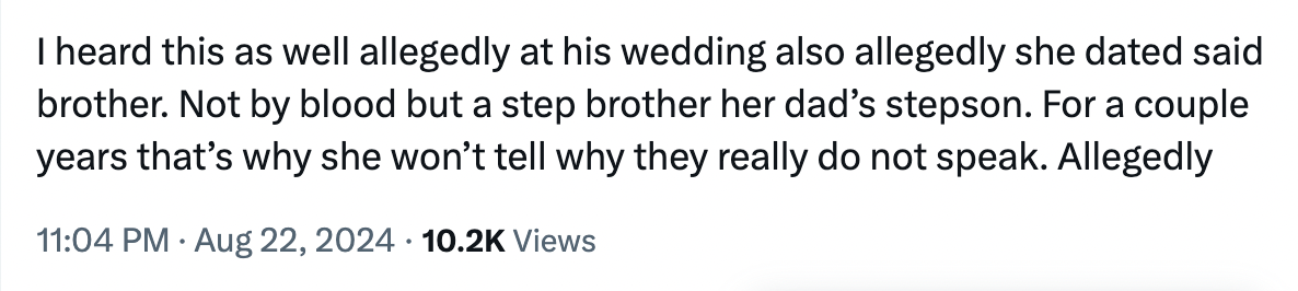 An X user claiming Danielle's brother, Tommy, is her stepbrother