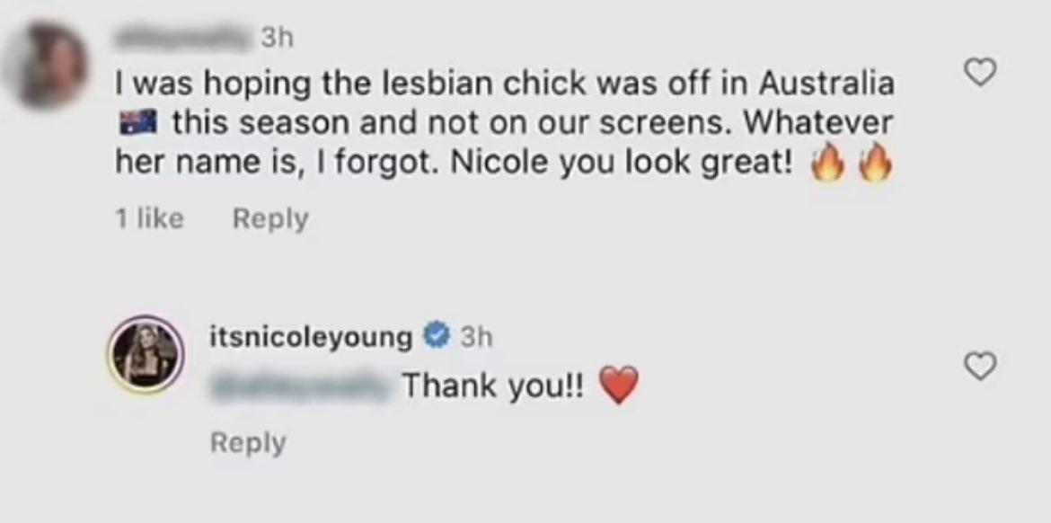 X user @bruijn_mde posted a screenshot of Nicole responding to a homophobic comment about Chrishell.