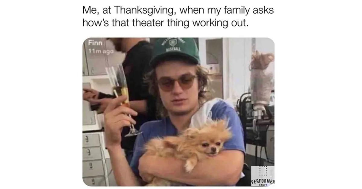 A Thanksgiving meme poking fun at family dynamics and awkward conversations