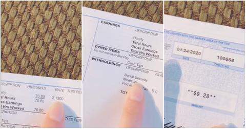 A bartender's viral video of her showing her $9 paycheck after working 70 hours.