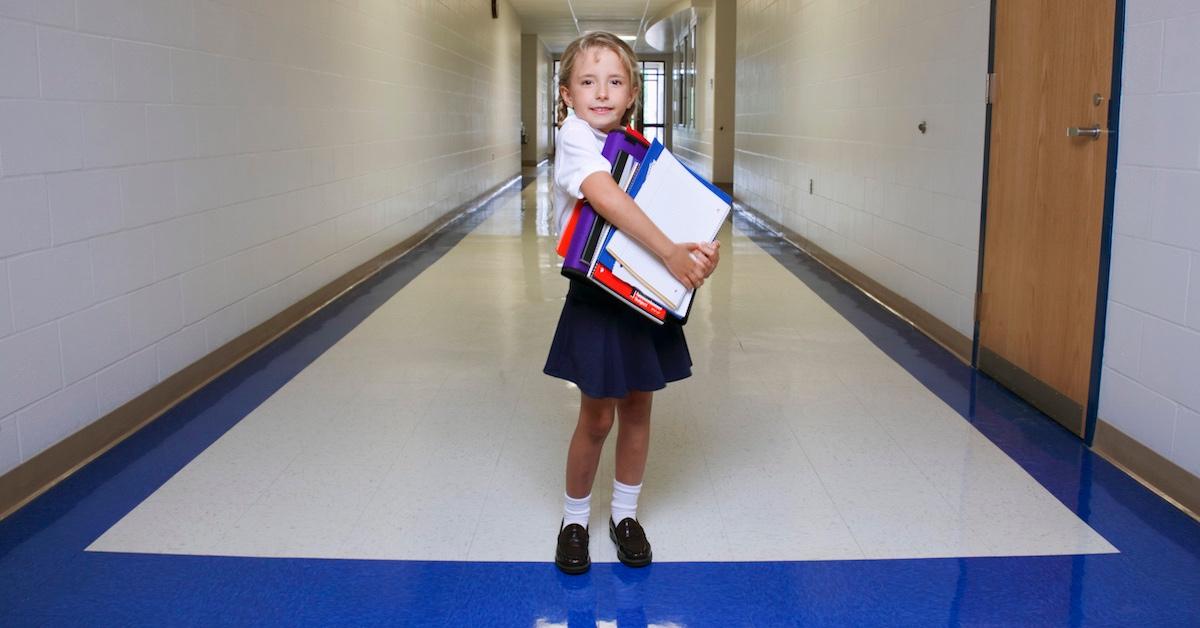 A child in a school hallway