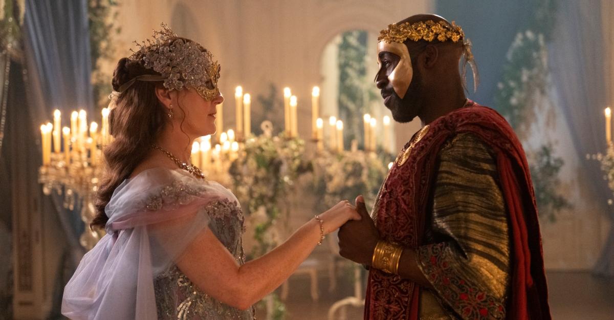Violet and Marcus look into each other's eyes at the masquerade ball in Bridgerton Season 4.