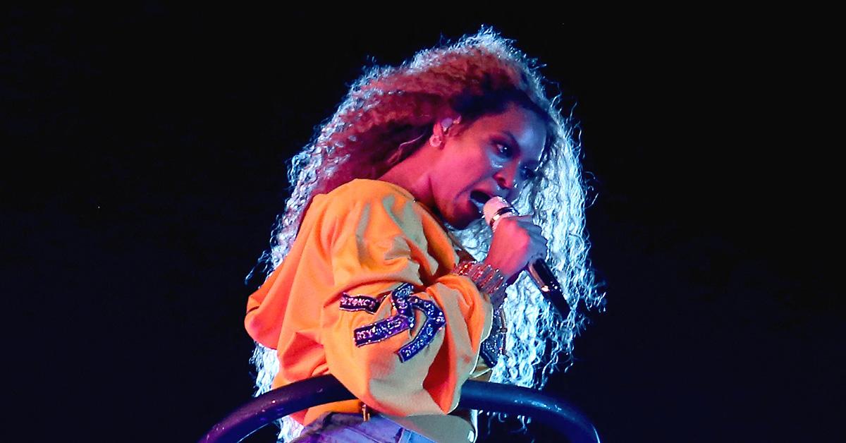 Beyonce performing on stage at Coachella. 