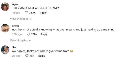 Commenters discussing the use of "GYAT"