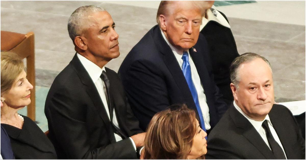donald trump sitting next to barack obama at a funeral
