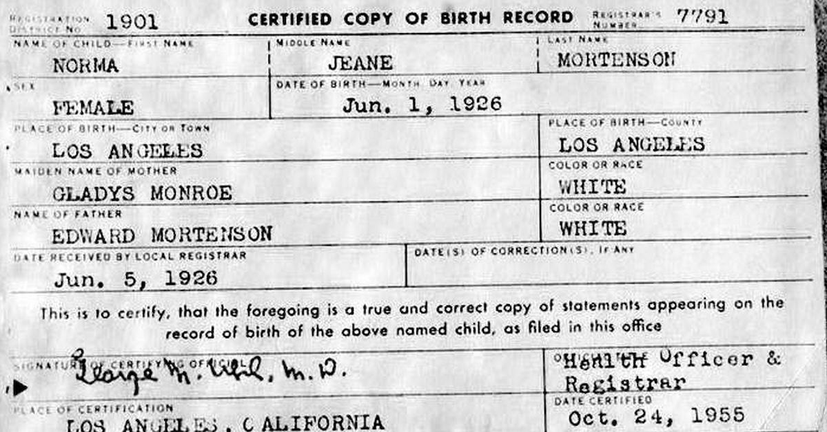 Marilyn Monroe's birth certificate