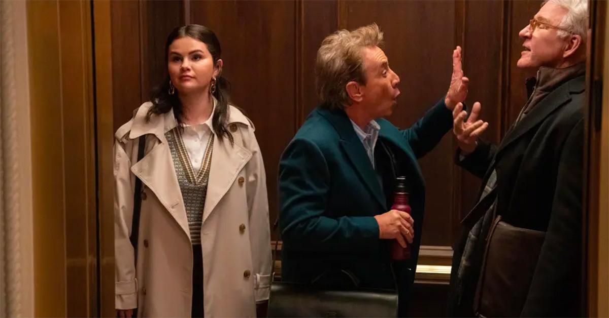 Selena Gomez, Martin Short, and Steve Martin in an elevator on 'Only Murders in the Building' Season 3. 