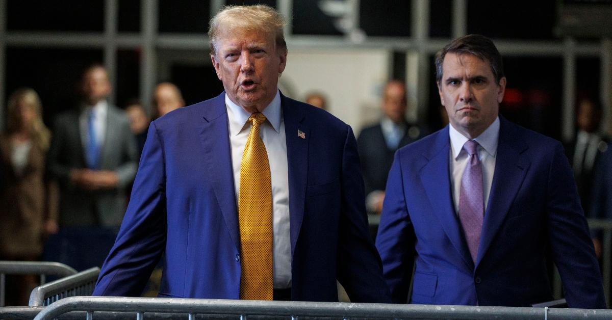  Former U.S. President Donald Trump speaks to the press with attorney Todd Blanche at his trial for allegedly covering up hush money payments at Manhattan Criminal Court on May 7, 2024 in New York City. 