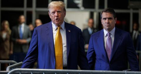 Former U.S. President Donald Trump speaks to the press with attorney Todd Blanche at his trial for allegedly covering up hush money payments at Manhattan Criminal Court on May 7, 2024 in New York City.