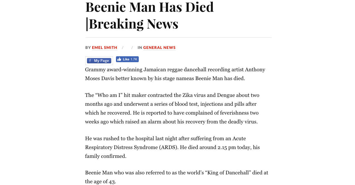 beenie man dead false news