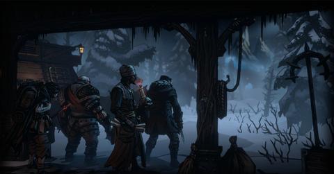 'Darkest Dungeon II' Party standing outside the inn facing The Mountain.