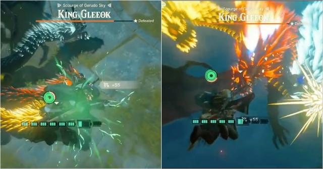 A Tears of the Kingdom player attacking King Gleeok from the sky.