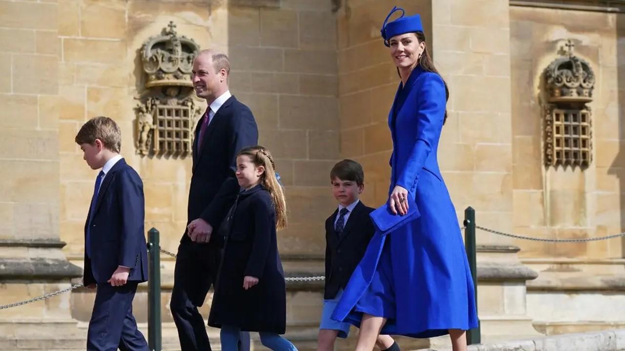  Prince George, Princess Charlotte, and Prince Louis attend the Easter Mattins Service at Windsor Castle with their parents on April 9, 2023