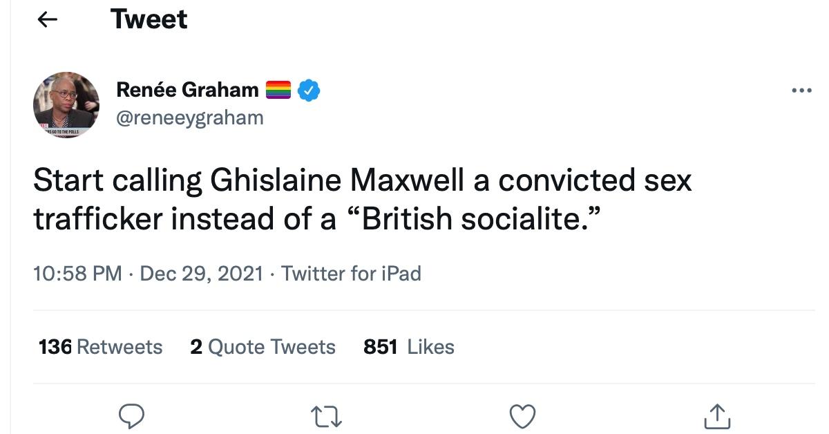 A tweet about Ghislaine Maxwell, convicted sex trafficker and disgraced socialite 