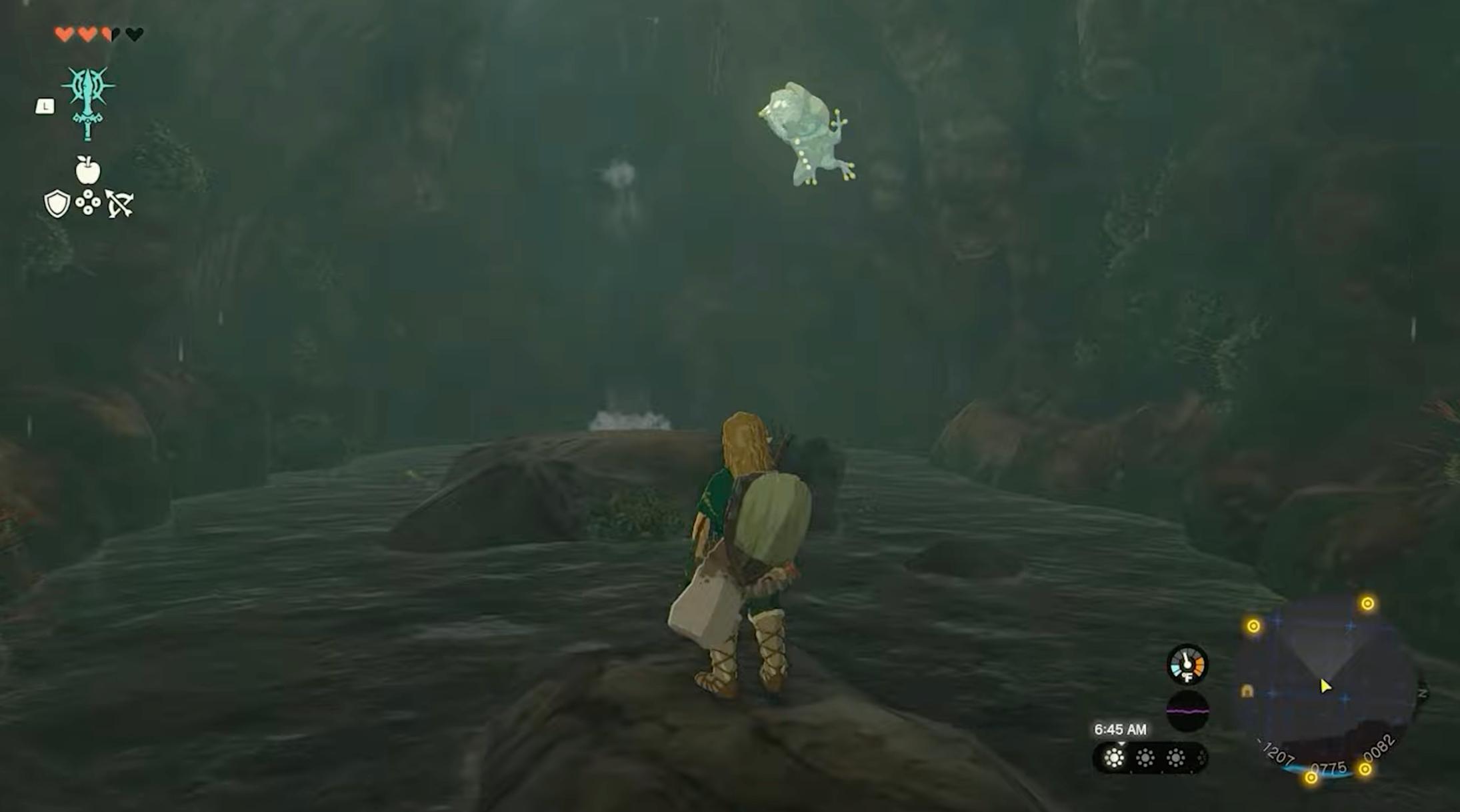 Link looking at a Bubbulfrog in a cave in 'Tears of the Kingdom.'