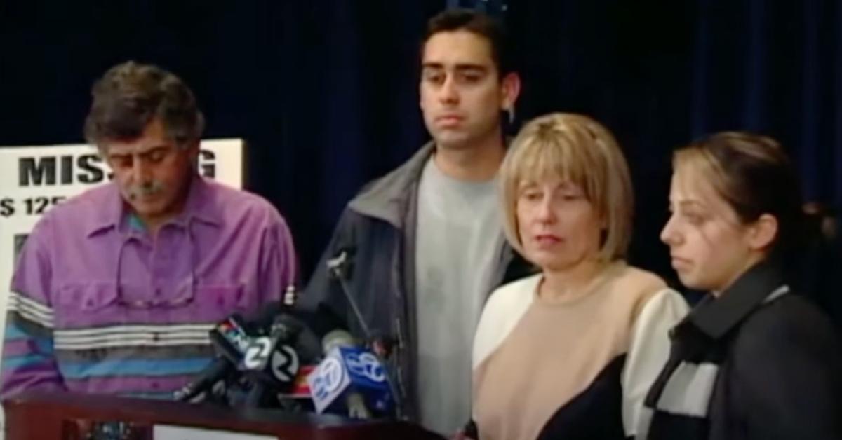 Laci Peterson's family at a press conference after she went missing: dad Dennis Rocha, mom Sharon Rocha, brother Brent Rocha, half sister Amy Rocha