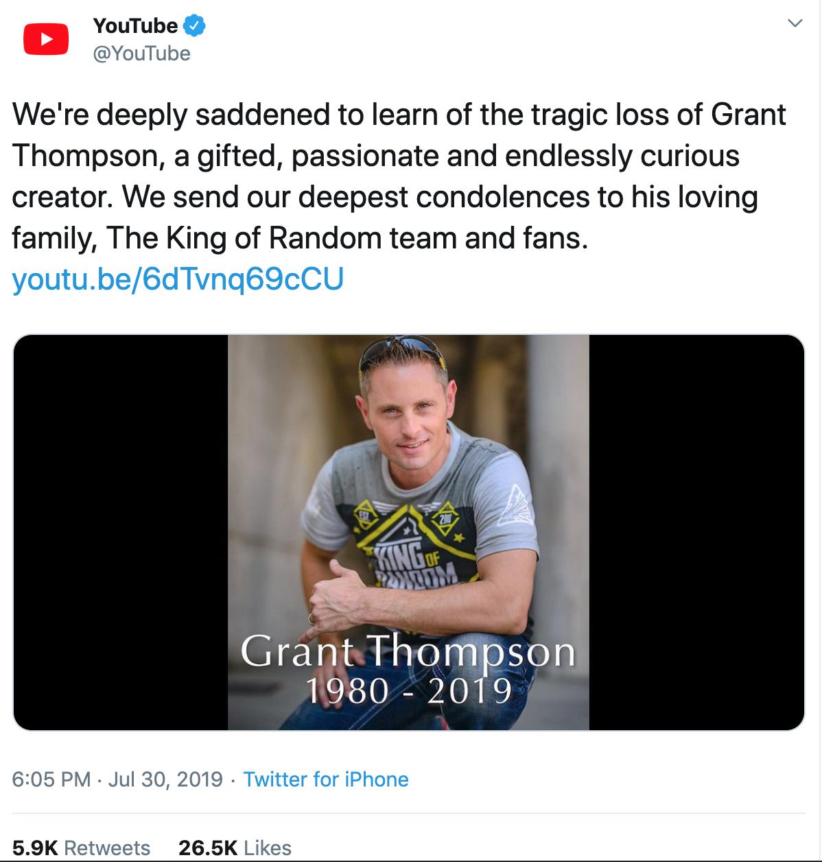 how did grant thompson die youtube