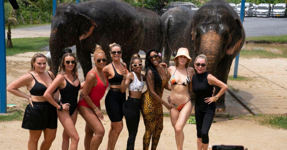 (l-r): Heather Gay, Whitney Rose, Gizelle Bryant, Alexia Echevarria, Candiace Dillard-Bassett, Porsha Williams, Leah McSweeney, and Marysol Patton in Thailand.