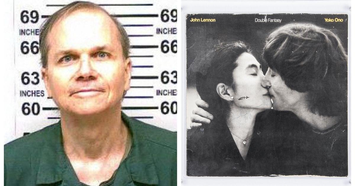 (L-R): Mark David Chapman's mug shot; Chapman's copy of "Double Fantasy"