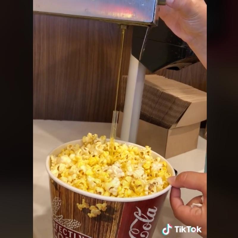 Movie theater popcorn hack: use a straw on the machine to get butter to the  middle of the bag, and not just on the top. Credit to my gf the genius 