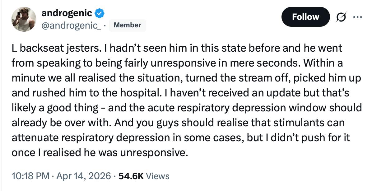 Androgenic comments on X about Clavicular's apparent overdose.