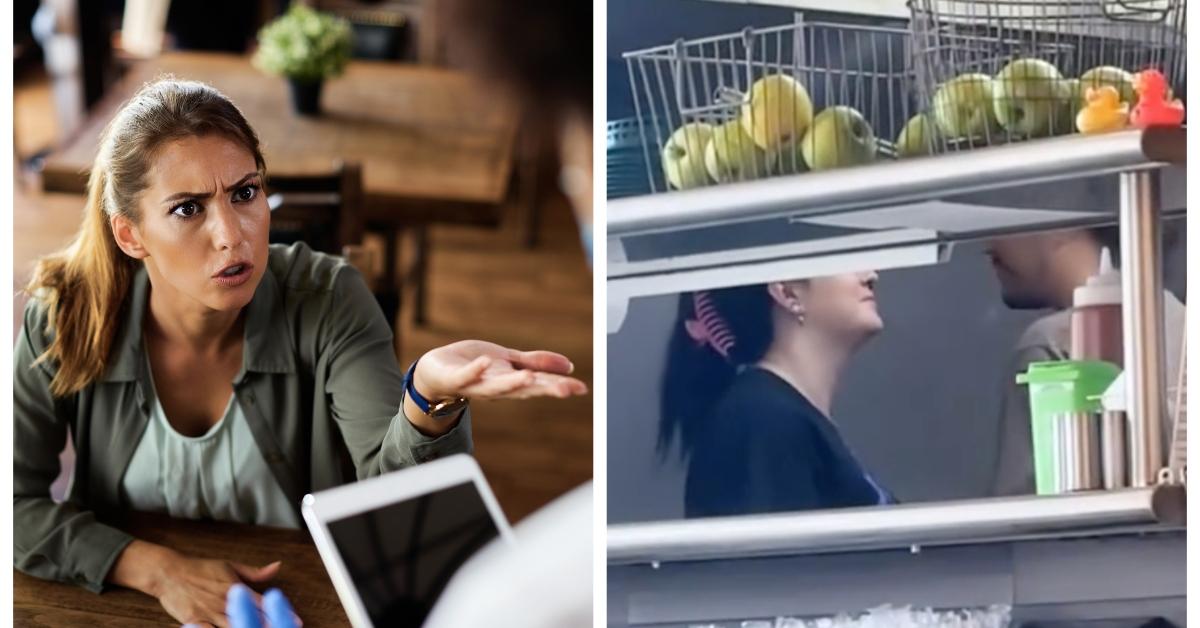 Restaurant employees kissing while customer waits