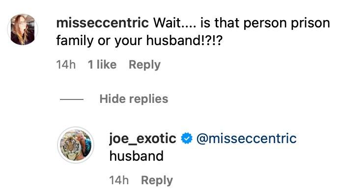 Joe Exotic confirms in comments of March 2025 Instagram post he's married.