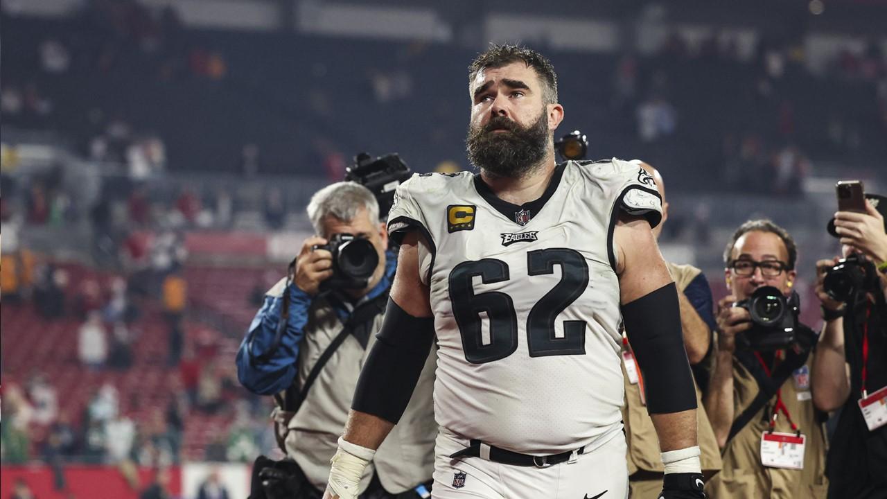 Jason Kelce walking off the field after his last NFL game on Jan. 15, 2024 