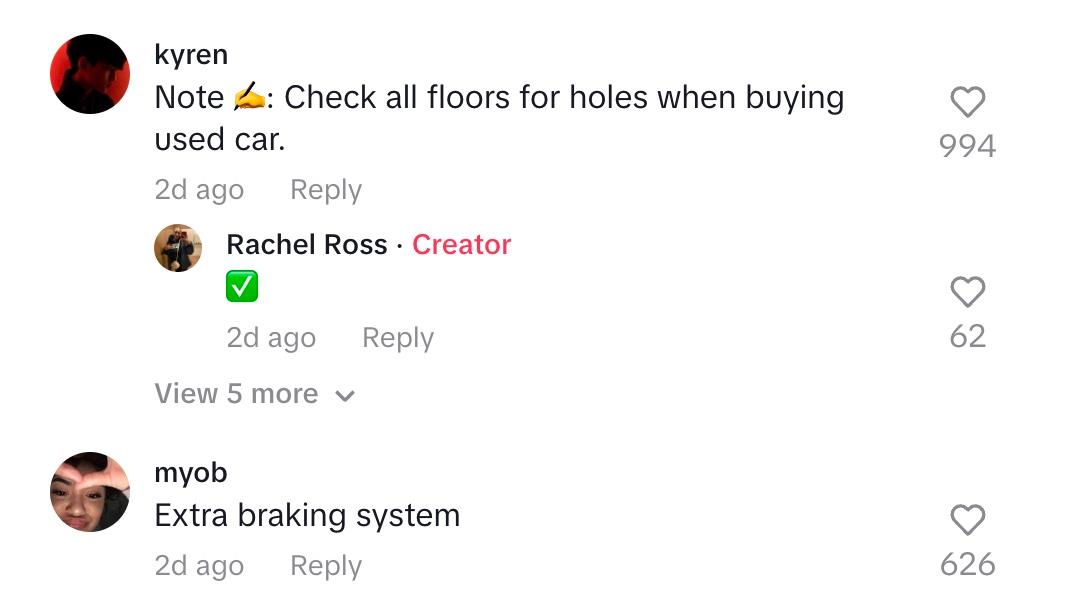 Commenters share there thoughts on the used car with a hole in the floor