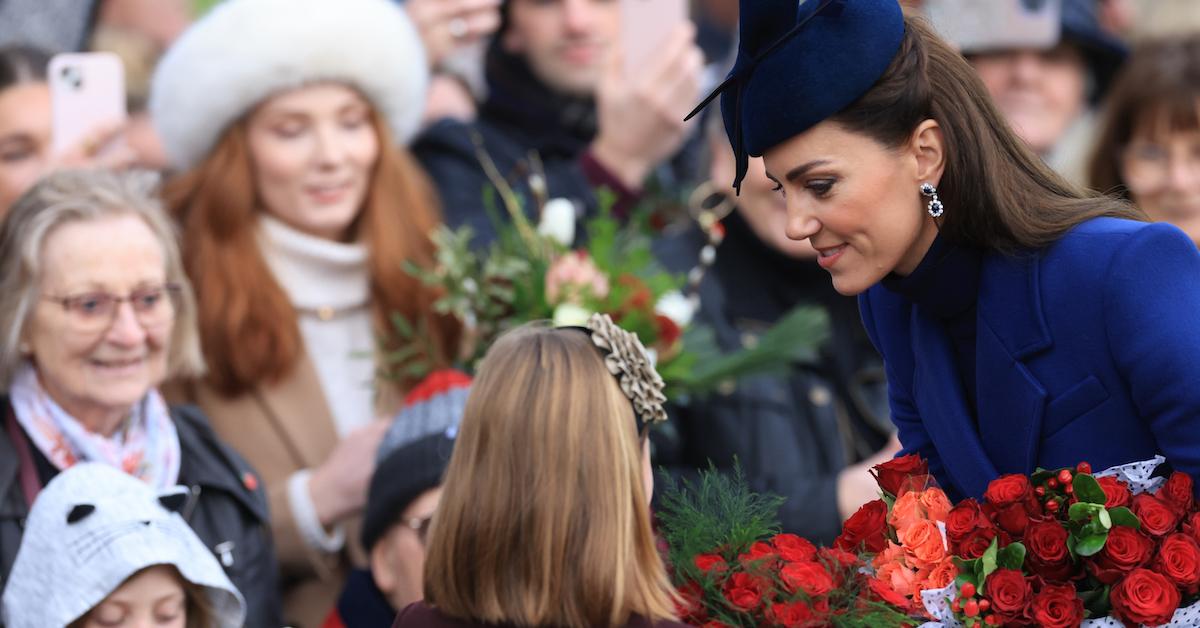 Catherine, Princess of Wales and Mia Tindall greet well-wishers after attending the Christmas Morning Service at Sandringham Church on Dec. 25, 2023 