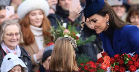 Catherine, Princess of Wales and Mia Tindall greet well-wishers after attending the Christmas Morning Service at Sandringham Church on Dec. 25, 2023