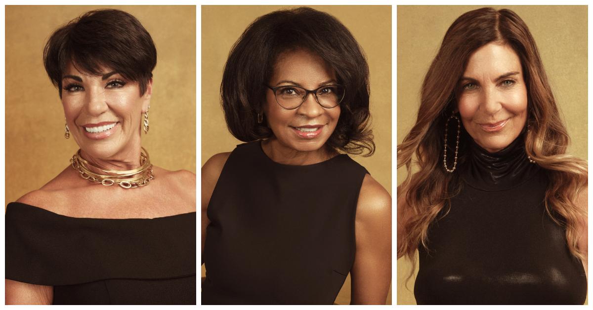 (L-R) Susan Noles, Sandra Mason, and Leslie Fhima elegantly adorn themselves in black gowns complemented by gold jewelry in their official cast photos for Season 1 of 'The Golden Bachelor.'