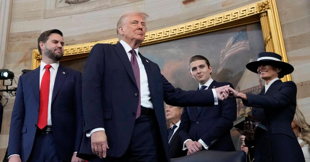 (l-r): JD Vance, Donald Trump, Barron Trump, and Melania Trump