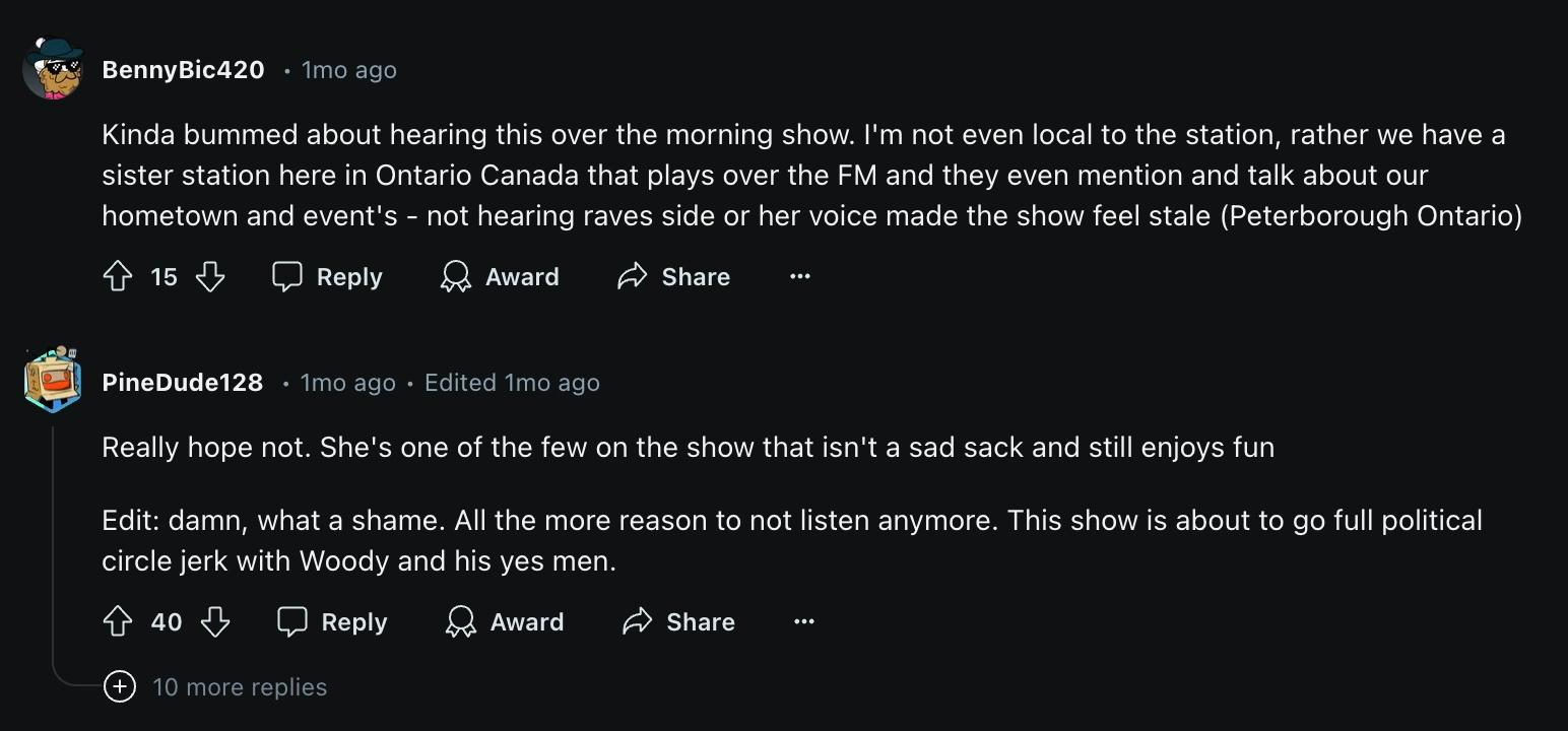 Redditors discuss Ravey's exit from The Woody Show