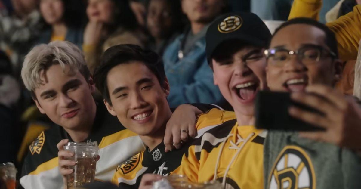 Danny, Theo, Javi, and Tyrell taking a selfie at the Bruins game.