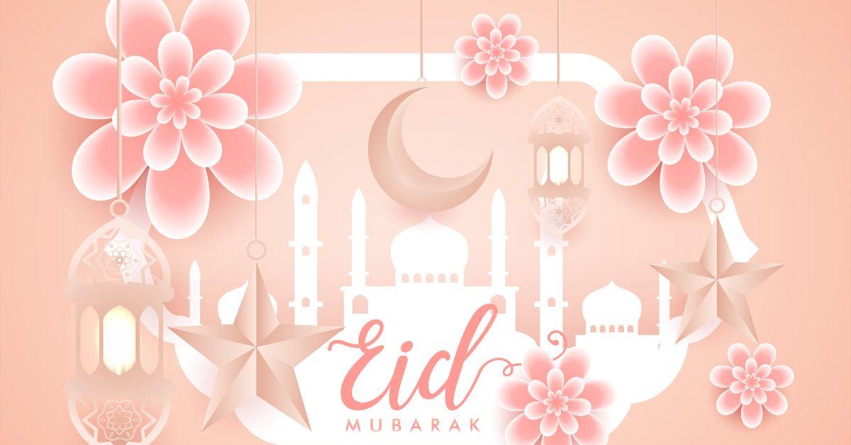 Eid Mubarak pink and white floral stock photo