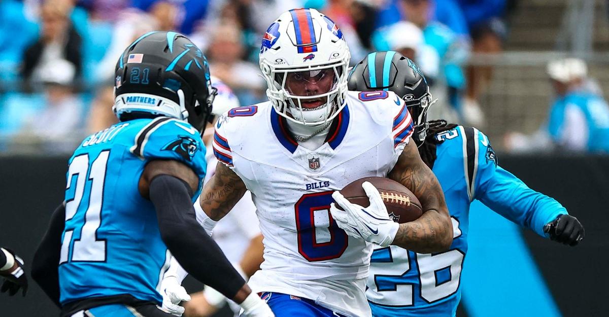 Buffalo Bills wide receiver Keon Coleman runs after making a catch.