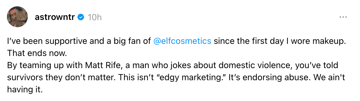 A Threads user discussing Matt Rife's e.l.f. campaign