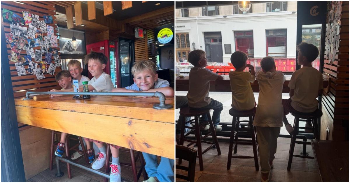 Two photos of four of Hilaria Baldwin's kids in a collage. 