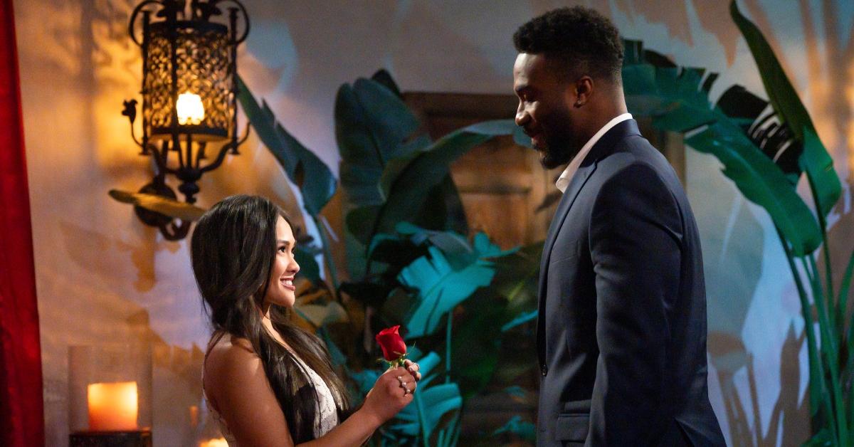 Jenn Tran offers Dylan a rose during the first rose ceremony of 'The Bachelorette 21.'