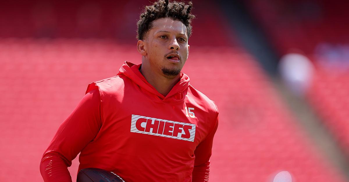 Patrick Mahomes warming up before a preseason game in 2024. 